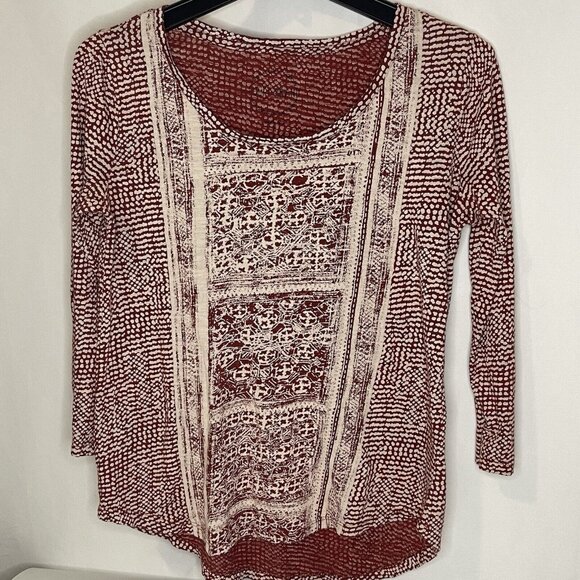 Lucky Brand Women's sz S Red Tan Print Boho Asymmetrical 3/4 Sleeve Top Shirt - Picture 6 of 8